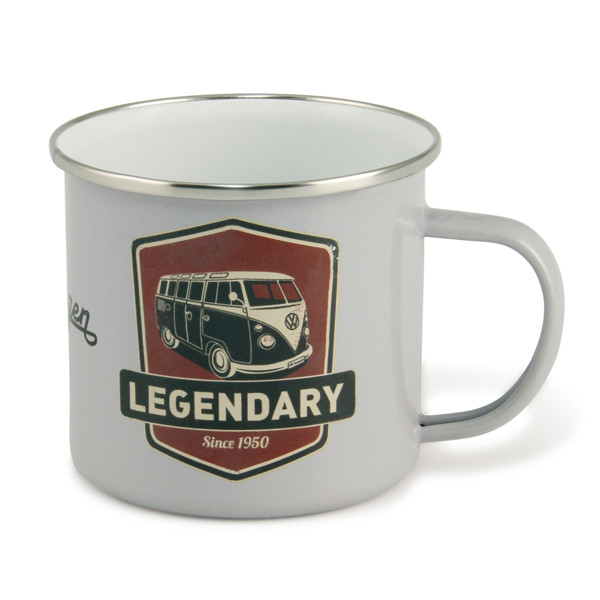 Bild von VW T1 Bus emailliert Vintage Logo hellgrau Tasse Kaffeebecher