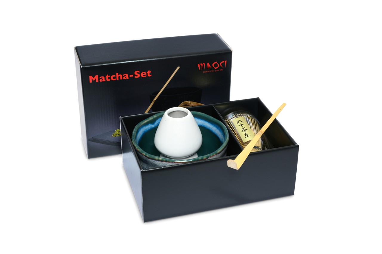 Bild von MAOCI Matcha Set Premium Matchaschale blau marmoriert Besen Löffel Besenhalter