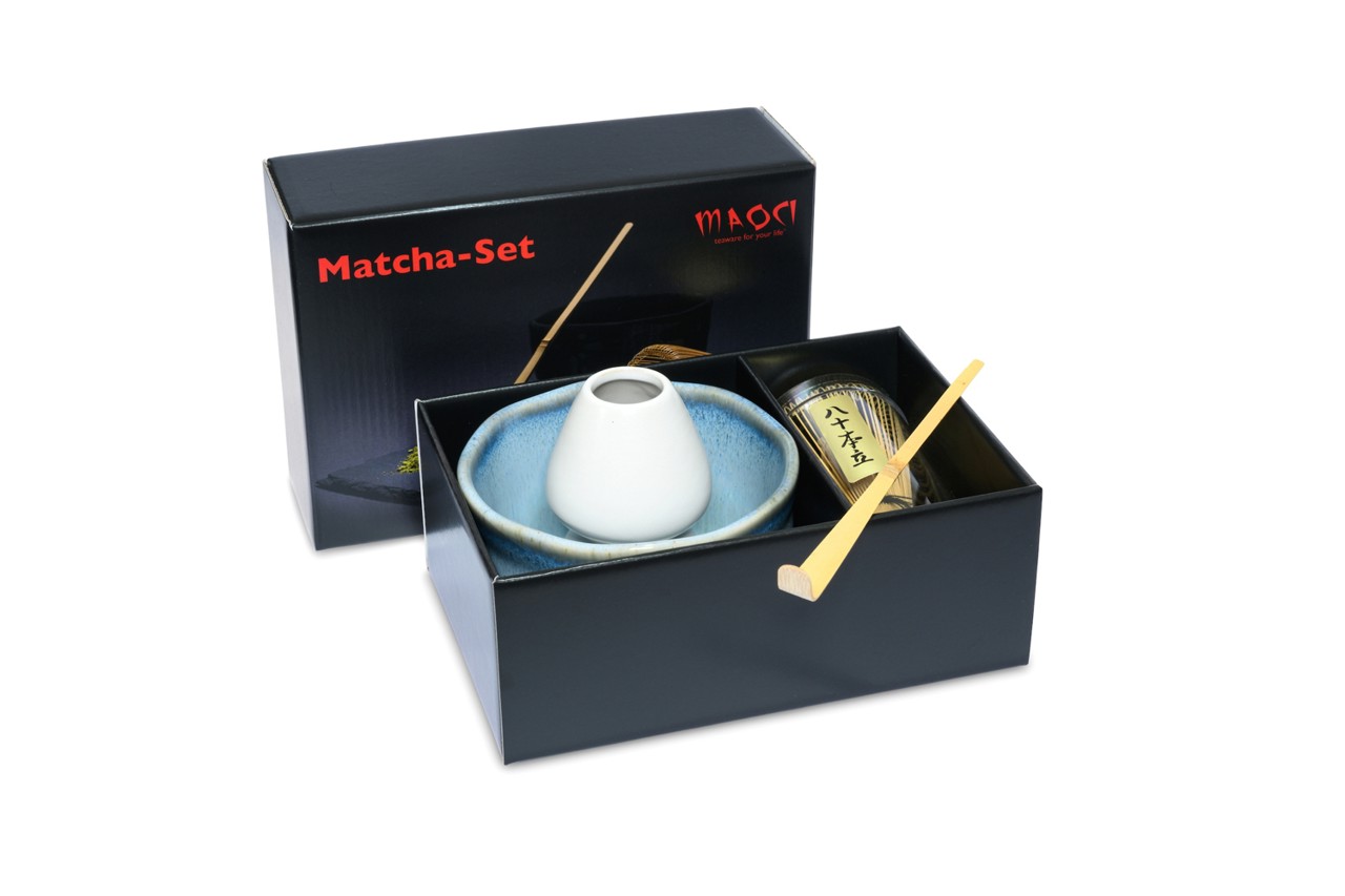 Bild von MAOCI Matcha Set Premium Matchaschale blau glänzend grau matt Besen Löffel Besenhalter