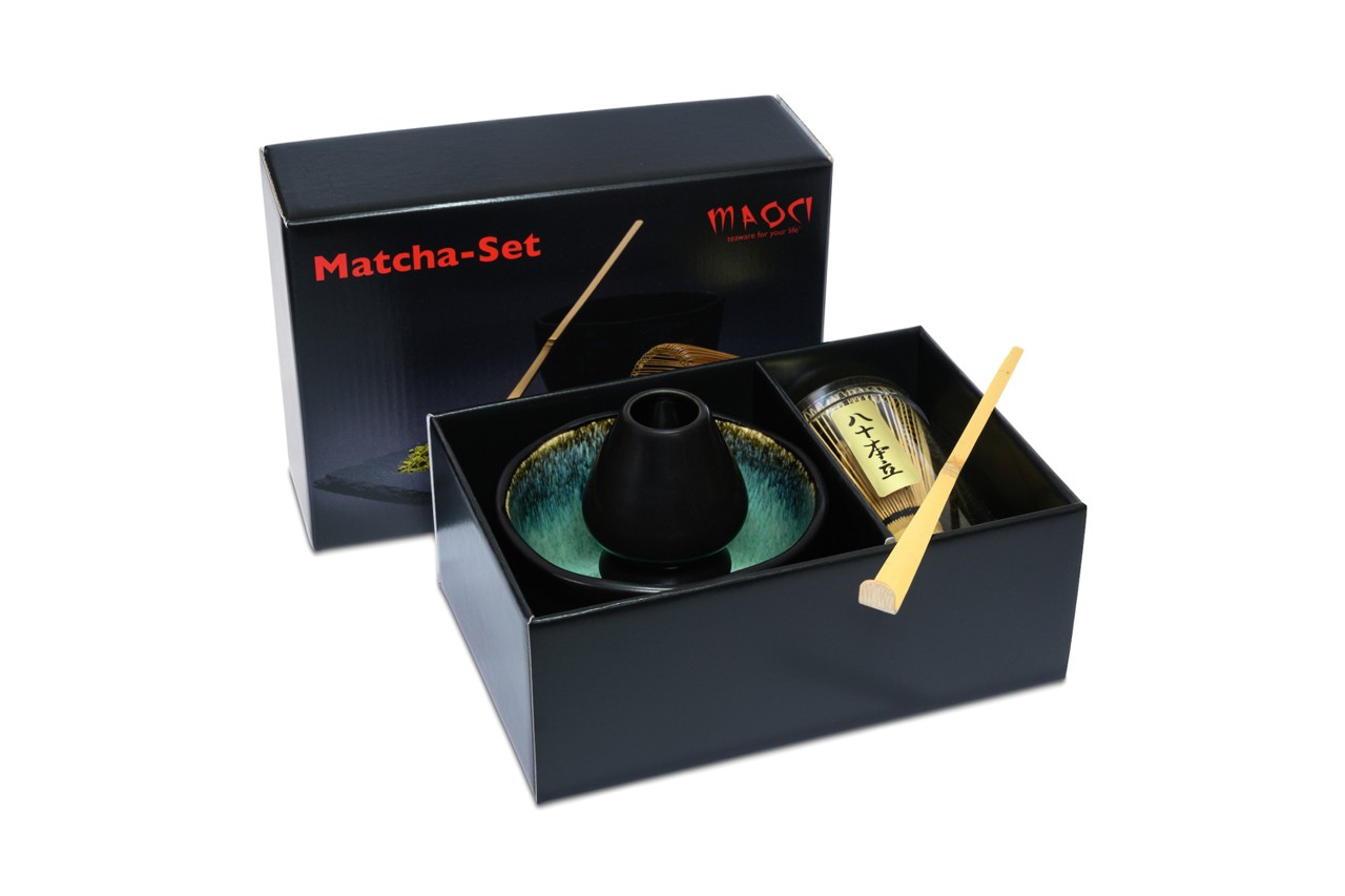 Bild von MAOCI Matcha Set Premium Matchaschale schwarz innen türkis Besen Löffel Besenhalter