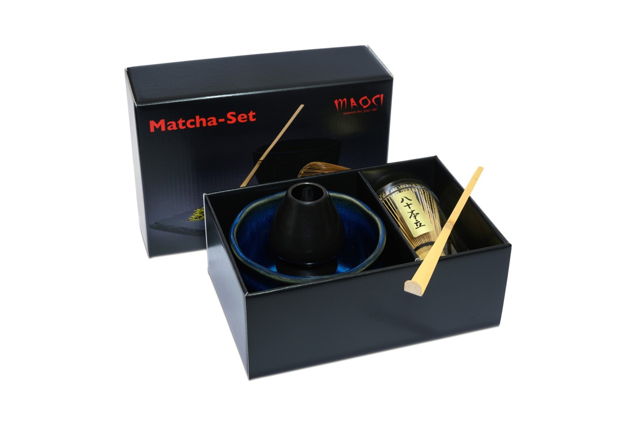 Bild von MAOCI Matcha Set Premium Matchaschale blau schwarz Besen Löffel Besenhalter