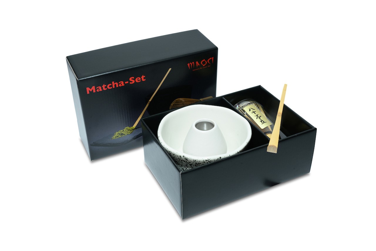 Bild von MAOCI Matcha Set Premium Matchaschale weiß petrol Sprenkel Besen Löffel Besenhalter