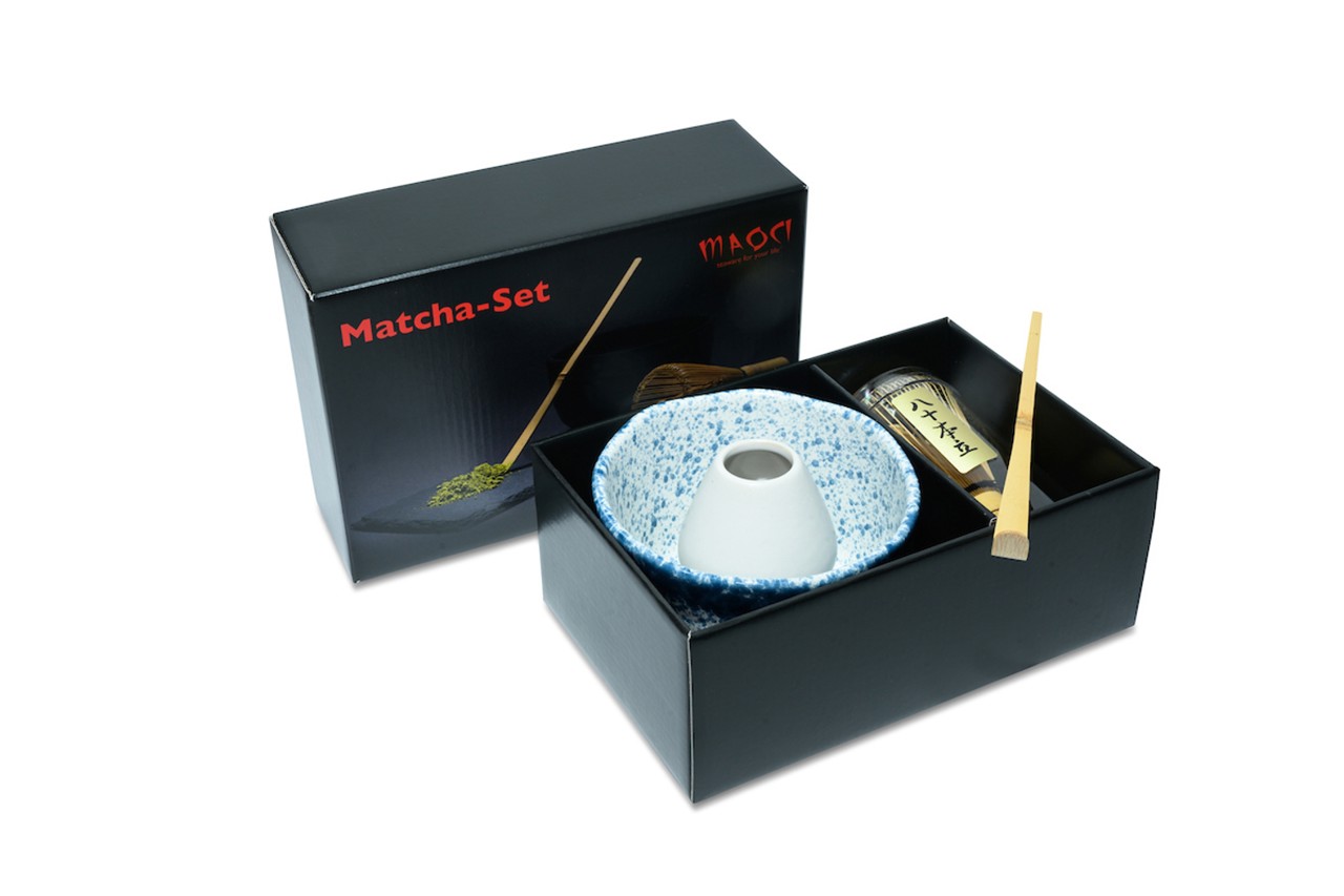 Bild von MAOCI Matcha Set Premium Matchaschale blau gesprenkelt weiß Besen Löffel Besenhalter