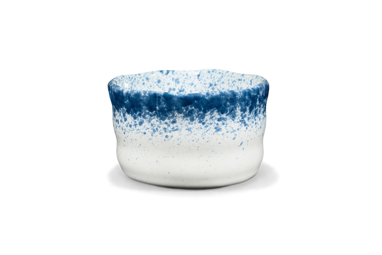 Bild von MAOCI Matchaschale blaugesprenkelt weiß Keramik