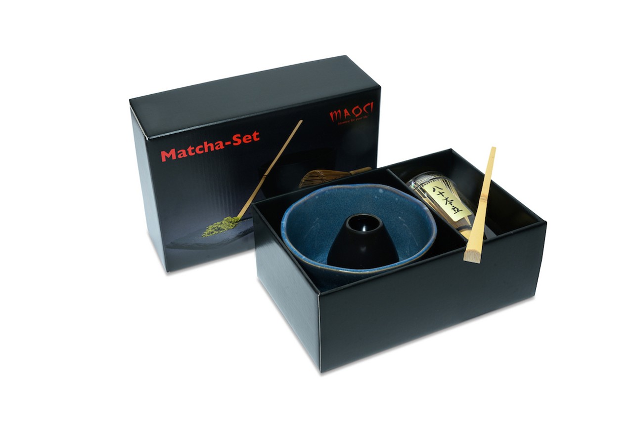 Bild von MAOCI Matcha Set Premium Matchaschale jeansblau helle Tupfen Besen Löffel Besenhalter