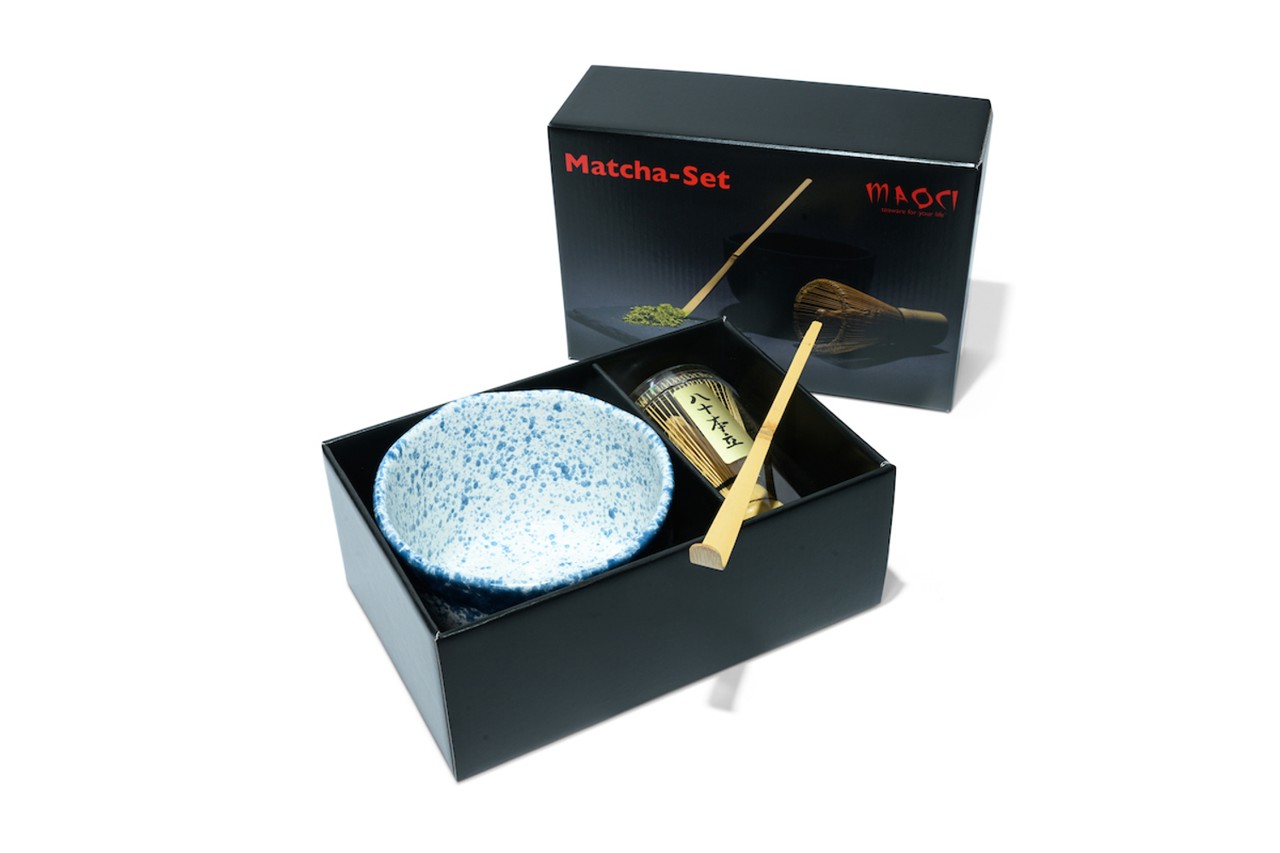 Bild von MAOCI Matcha Set Matchaschale blau gesprenkelt weiß Besen Löffel