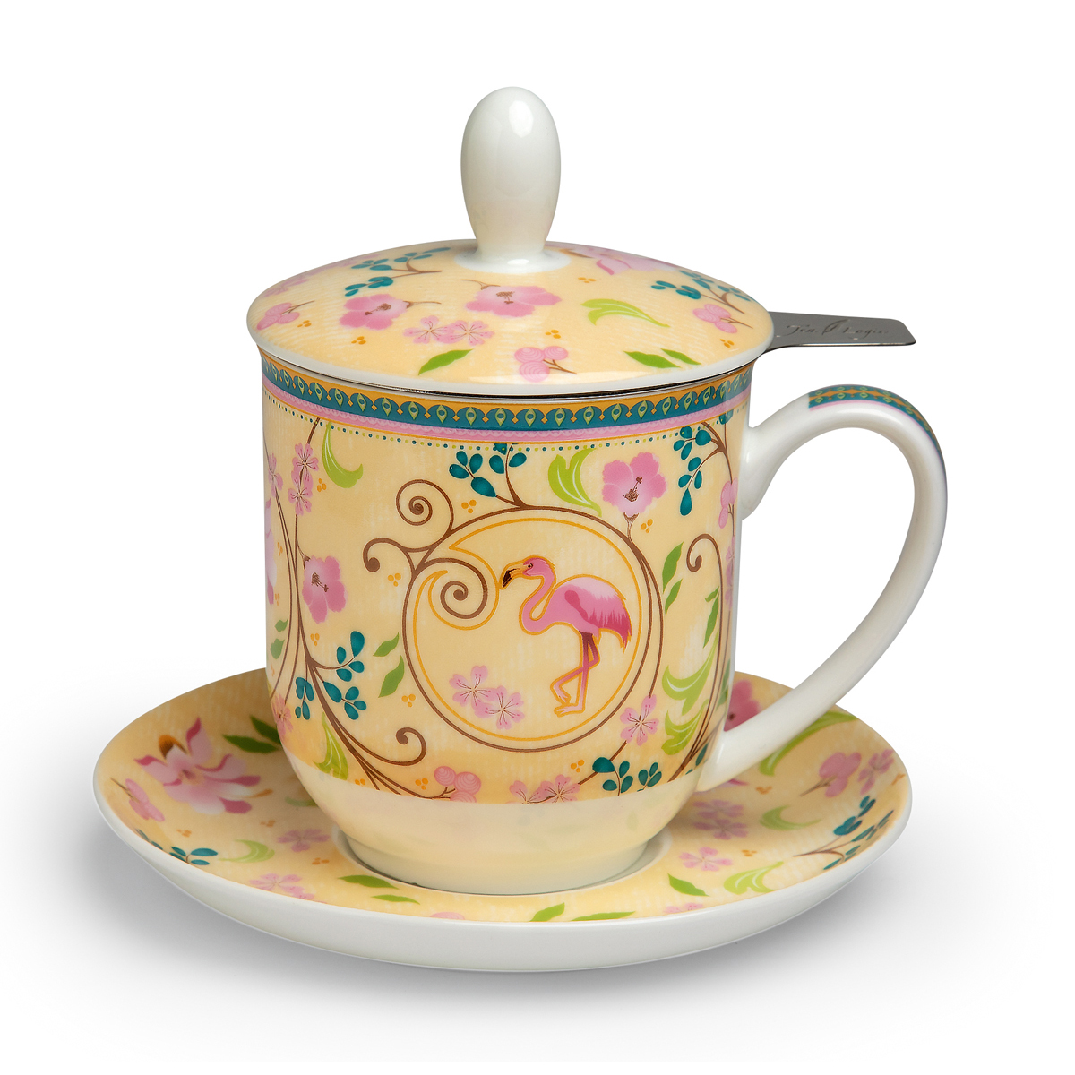 Bild von tealogic Emma Flamingo Teetasse mit Untertasse, Sieb und Deckel