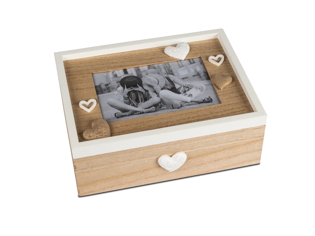 formano Dekofigur Truhe Holzbox mit Fotorahmen Holz mit Kunststein-Herzen