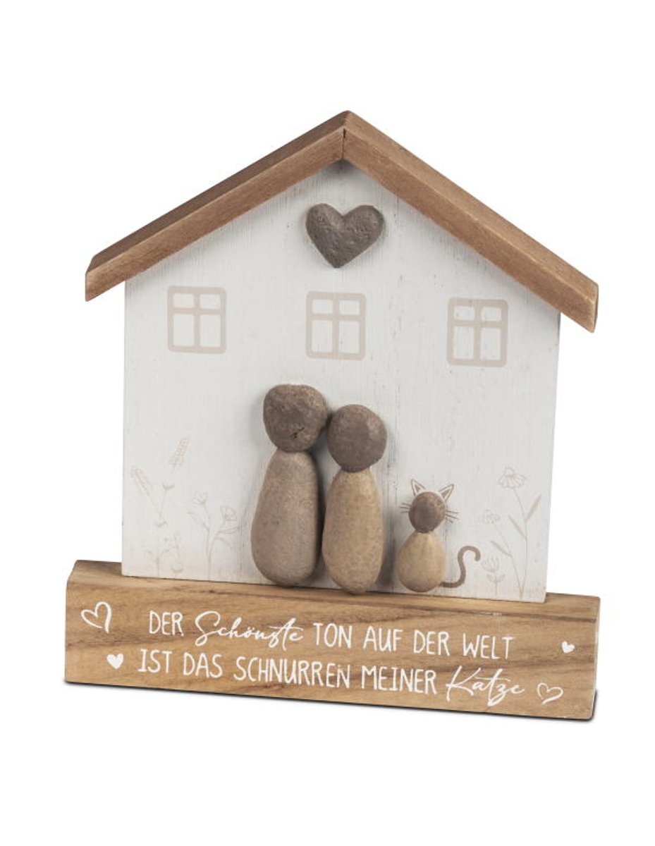 formano Dekofigur Haus mit Katze stehend Holz handbemalt mit Kunststein-Figuren