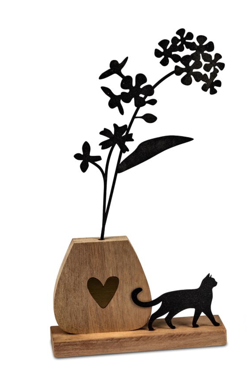 formano Dekofigur Blume + schwarze Katze Holz + schwarzes Metall