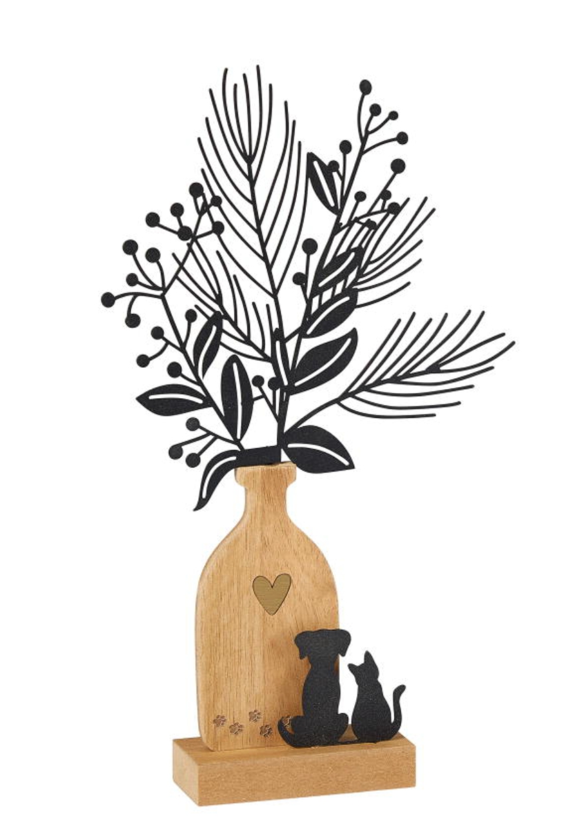 formano Dekofigur Vase + Hund + Katze Holz + schwarzes Metall