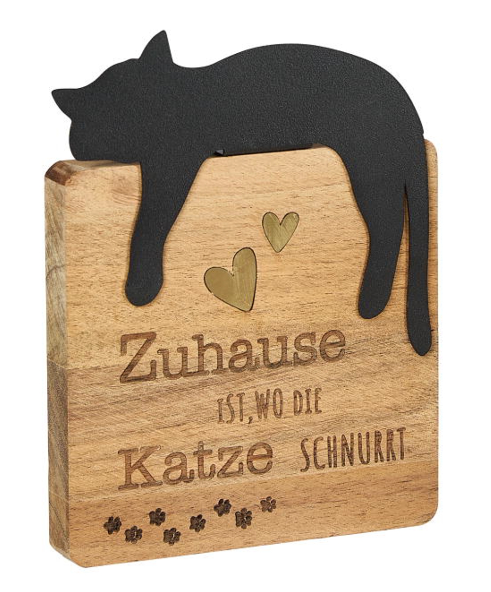 formano Dekofigur Holzblock Katze Spruch Zuhause Holz + schwarzes Metall